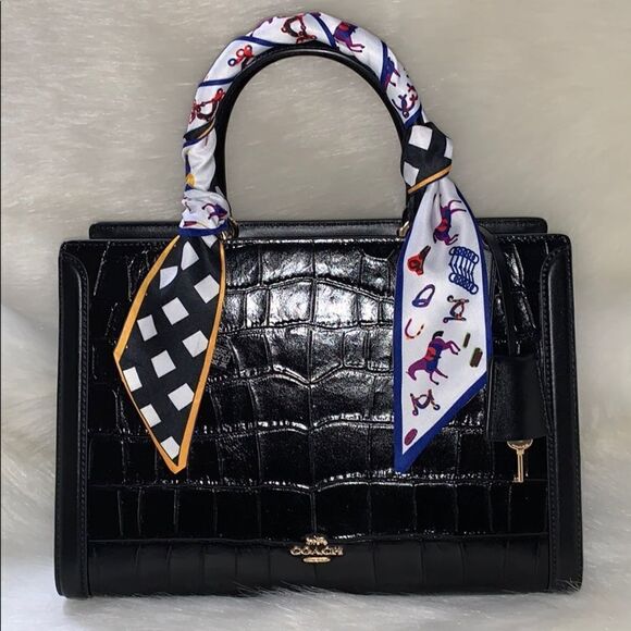 Silk Scarf Checkered Horse Twilly Bandeau Bag Tie - Picture 1 of 7